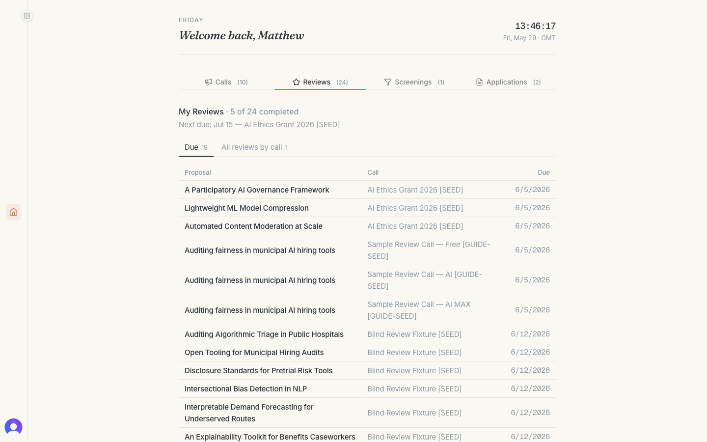 Reviewer dashboard with one pending assignment