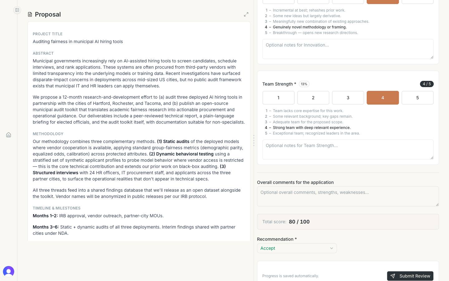 The filled-out review with the Submit Review button highlighted